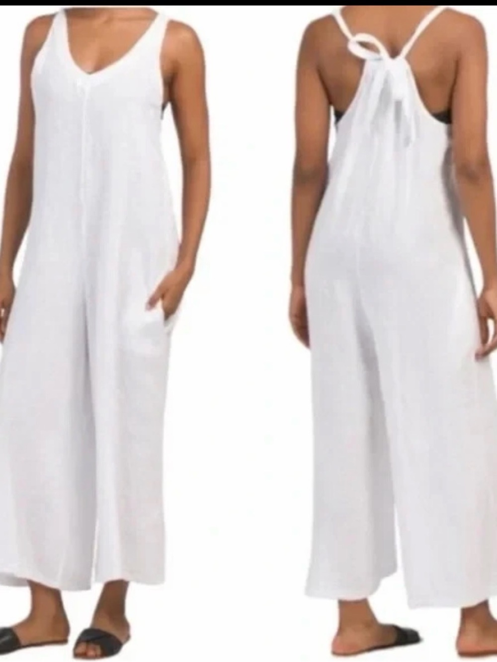 Elena Baldi Linen Jumpsuit Women’s White V-Neck Wide-Leg Tie-Back Pockets Size S